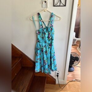 Hell Bunny Vixen Mini Halter Dress Teal Purple Yellow Floral Details Size Small